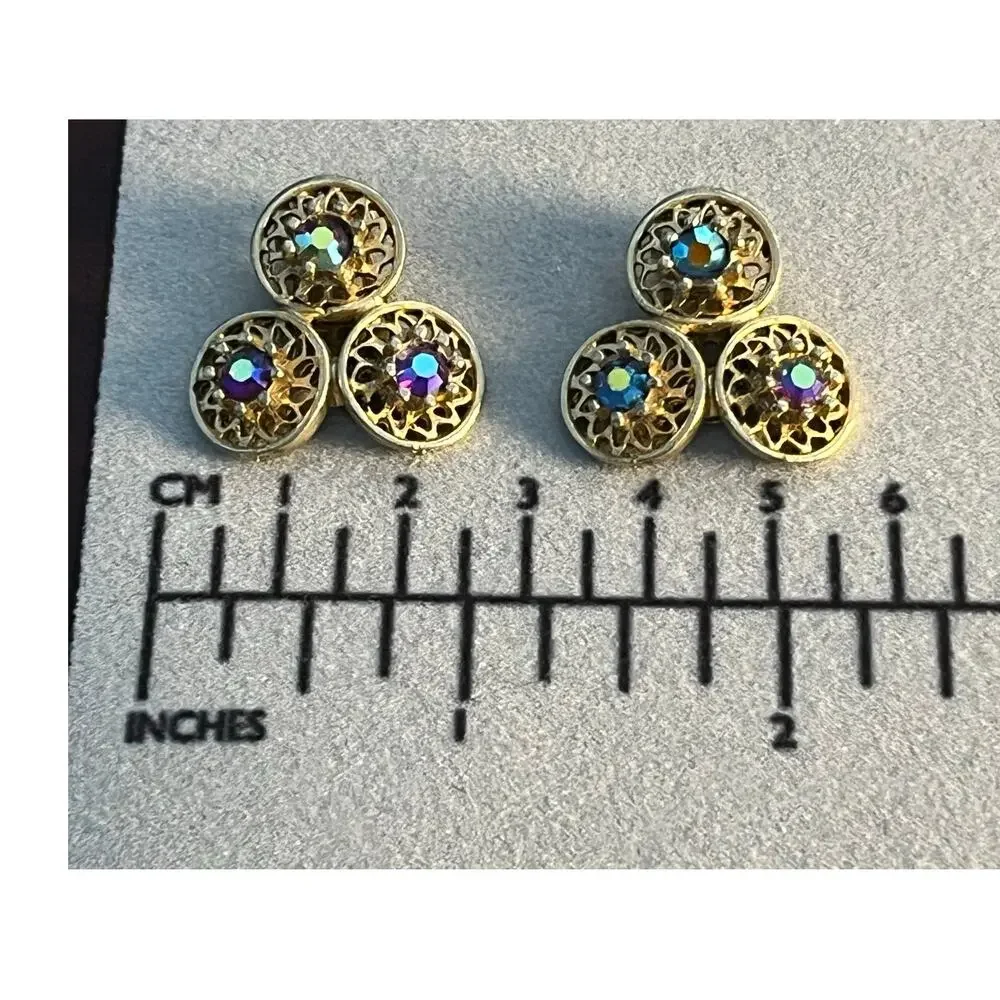 VTG Coro Clip On Earrings Gold Tone Rhinestones Three Circles Signed